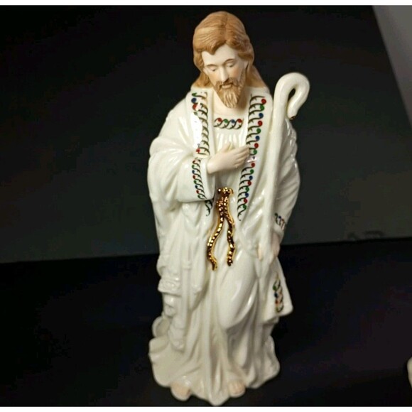 Baby Jesus Mary Joseph Porcelain Nativity 3 Piece Scene White Gold Holiday Decor - Picture 4 of 16